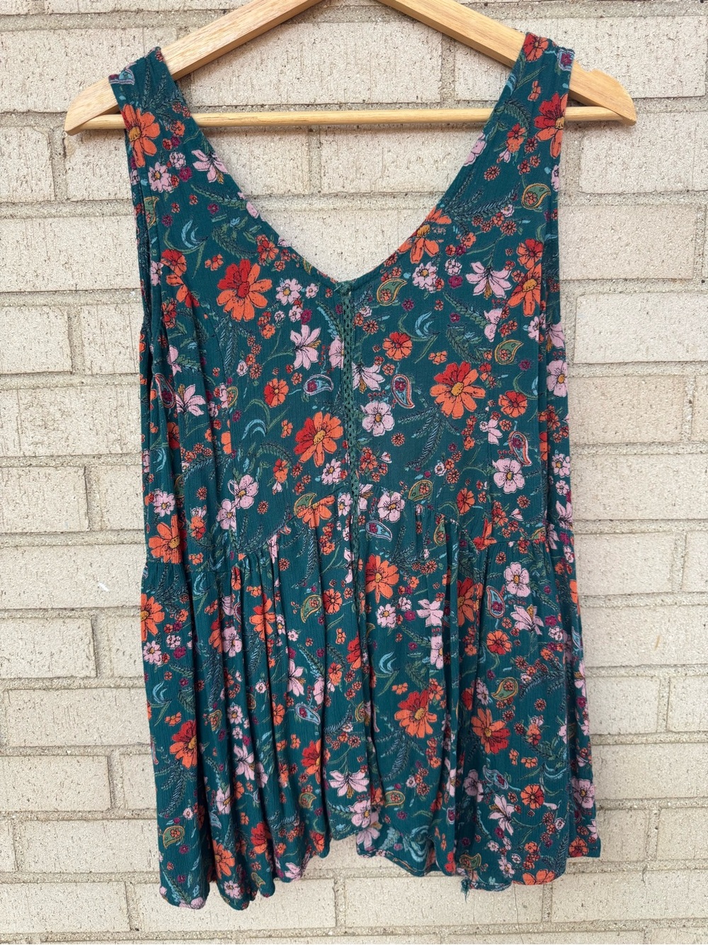 Daytrip Floral Babydoll Tank Teal Green Boho Paisley Swing Sleeveless Size XS